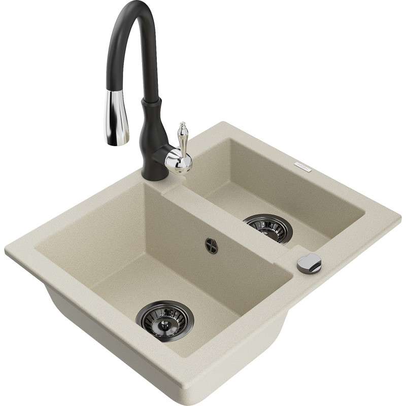 Mexen Carlos Granitspüle 1,5 Kammer mit Küchenarmatur Savita, beige - 6518-69-672601-70