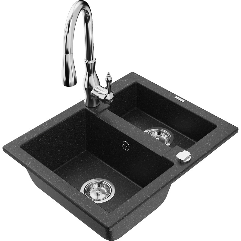 Mexen Carlos Granitspüle 1,5-Becken mit Küchenarmatur Savita, schwarz/silber metallic - 6518-73-672601-00