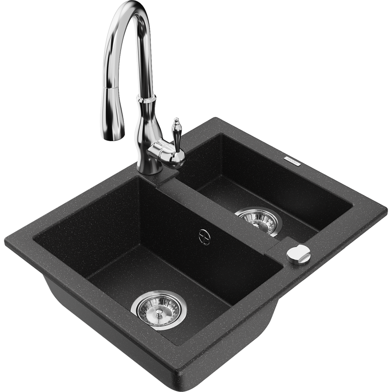 Mexen Carlos Granitspüle 1,5-Kammer mit Küchenarmatur Savita, Schwarz/Silber Metallic - 6518-73-672601-00