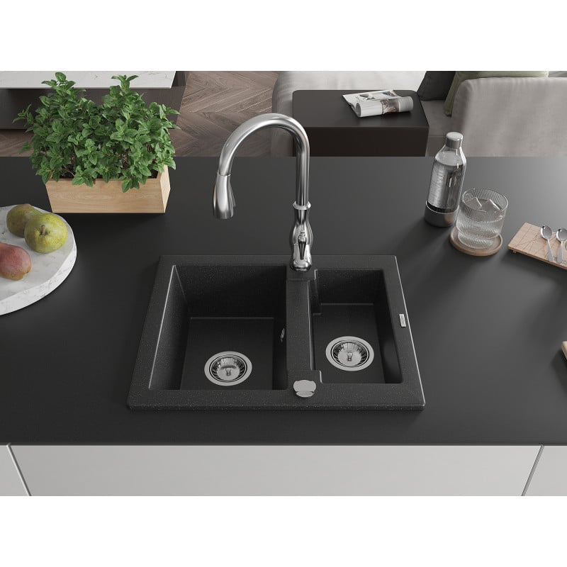 Mexen Carlos Granitspüle 1,5-Kammer mit Küchenarmatur Savita, Schwarz/Silber Metallic - 6518-73-672601-00