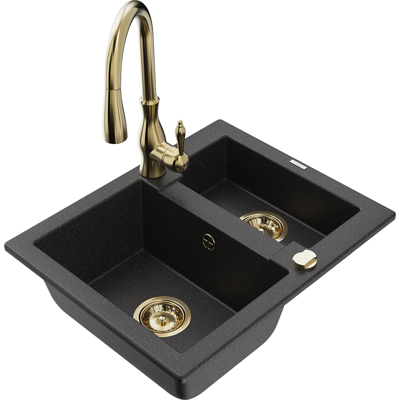 Mexen Carlos Granitspüle 1,5-Becken mit Küchenarmatur Savita, schwarz/silber Metallic - 6518-73-672601-50