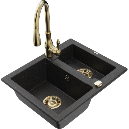 Mexen Carlos Granitspüle 1,5-Becken mit Küchenarmatur Savita, schwarz/silber Metallic - 6518-73-672601-50