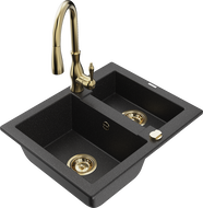 Mexen Carlos Granitspüle 1,5-Becken mit Küchenarmatur Savita, schwarz/silber Metallic - 6518-73-672601-50