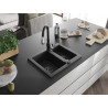 Mexen Carlos Granitspüle 1,5-beckig mit Küchenarmatur Savita, schwarz/silber metallic - 6518-73-672601-70-B