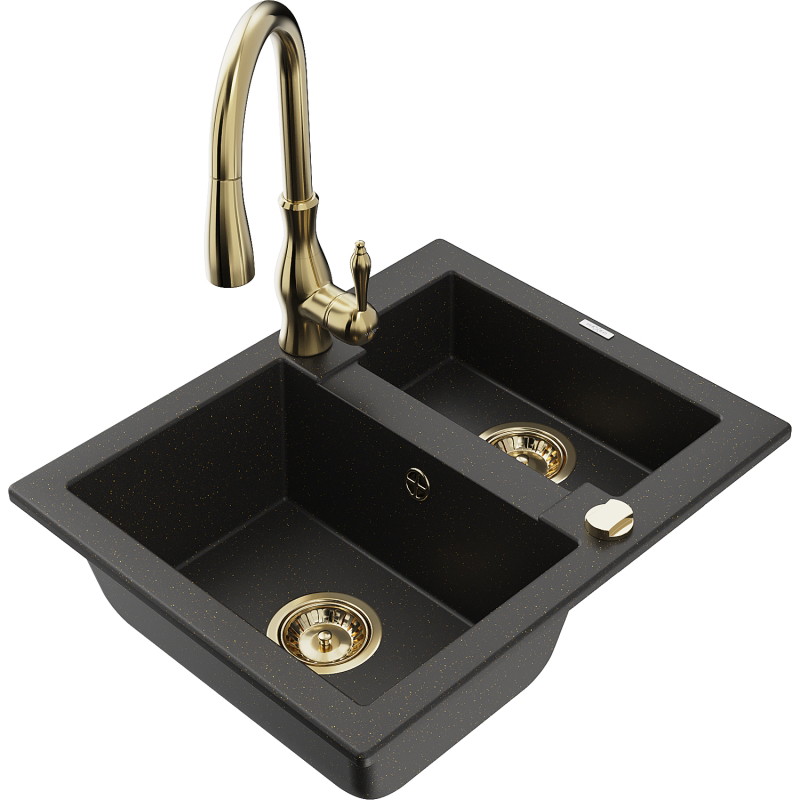 Mexen Carlos Granitspüle 1,5-Kammern mit Küchenarmatur Savita, schwarz/goldener Metallic - 6518-75-672601-50