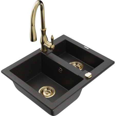 Mexen Carlos Granitspüle 1,5-Kammern mit Küchenarmatur Savita, schwarz/goldener Metallic - 6518-75-672601-50