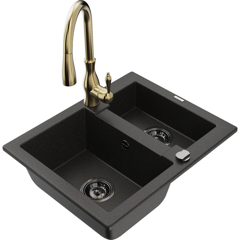 Mexen Carlos 1,5-Komponenten Granitspüle mit Küchenarmatur Savita, schwarz/gold metallic - 6518-75-672601-50-B
