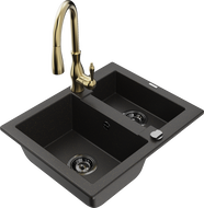 Mexen Carlos Granitspüle 1,5-Becken mit Küchenarmatur Savita, schwarz/gold metallic - 6518-75-672601-50-B