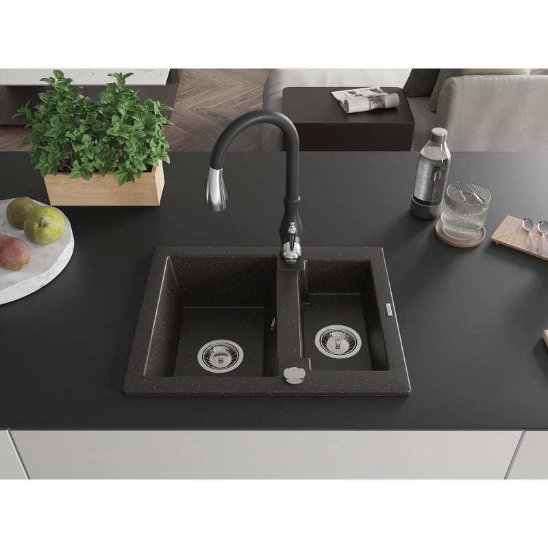 Mexen Carlos Granitspüle 1,5-Becken mit Küchenarmatur Savita, schwarz/gold metallic - 6518-75-672601-70