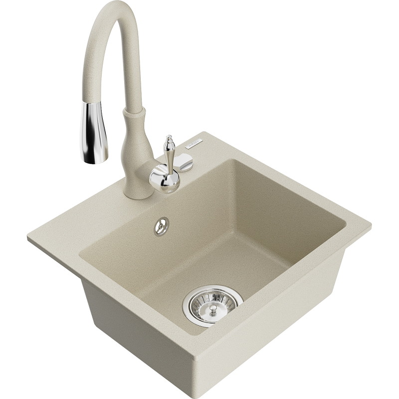 Mexen Milo Granitspüle 1-beckig mit Küchenarmatur Savita, beige - 6505-69-672601-69