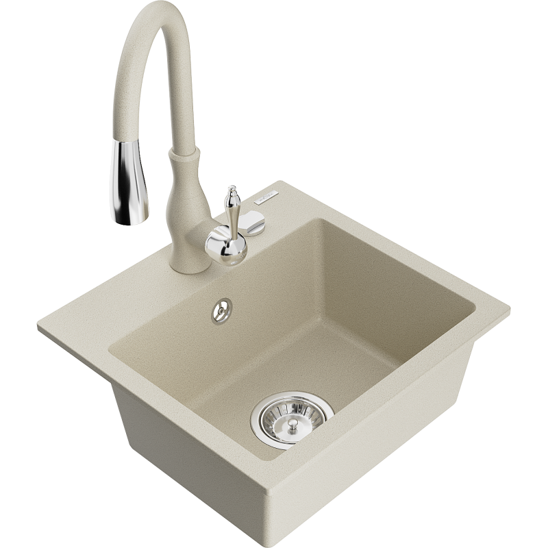 Mexen Milo Granitspüle mit 1 Becken und Küchenarmatur Savita, beige - 6505-69-672601-69