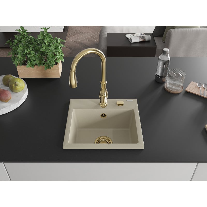 Mexen Milo Granitspüle mit 1 Becken und Küchenarmatur Savita, beige - 6505-69-672601-50