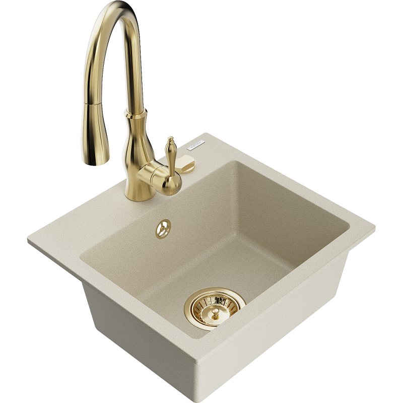 Mexen Milo Granitspüle mit 1 Becken und Küchenarmatur Savita, beige - 6505-69-672601-50