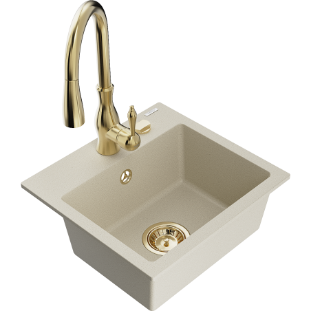 Mexen Milo Granitspüle mit 1 Becken und Küchenarmatur Savita, beige - 6505-69-672601-50