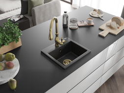 Mexen Milo Granitspüle 1-Schüssel mit Küchenarmatur Savita, schwarz/silber metallic- 6505-73-672601-50