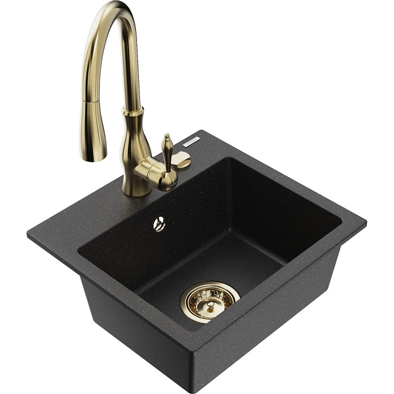 Mexen Milo Granitspüle 1-Becken mit Küchenarmatur Savita, schwarz/silber metallic - 6505-73-672601-50