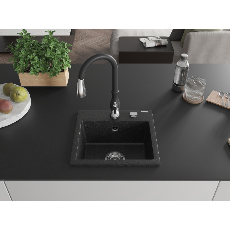 Mexen Milo einzelnes Küchengranitspülbecken mit Savita Wasserhahn, schwarz/silber Metallic - 6505-73-672601-70