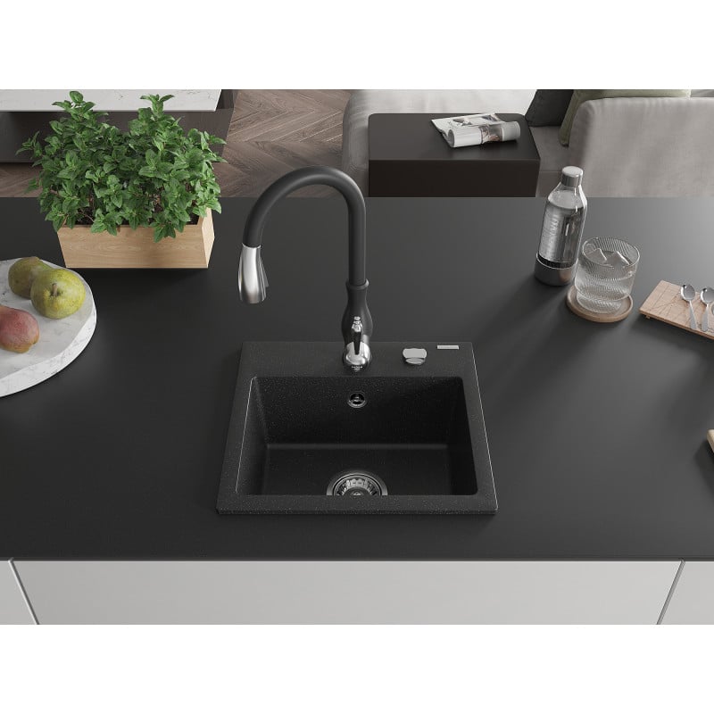 Mexen Milo Granitspüle 1-beckig mit Küchenarmatur Savita, Schwarz/Silber-Metallic- 6505-73-672601-70