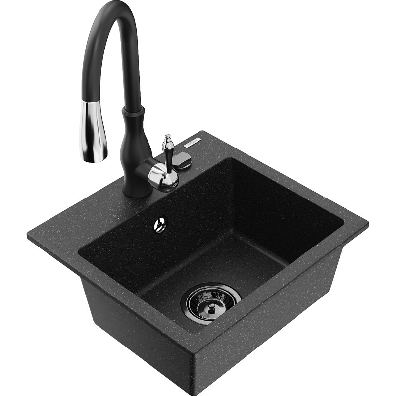 Mexen Milo Granitspüle 1-Becken mit Küchenarmatur Savita, schwarz/silber metallic - 6505-73-672601-70-B