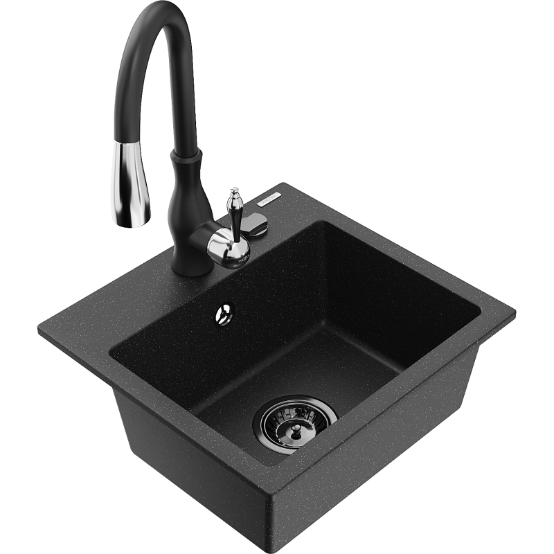 Mexen Milo Granitspüle 1-beckig mit Küchenarmatur Savita, schwarz/silber metallic- 6505-73-672601-70-B