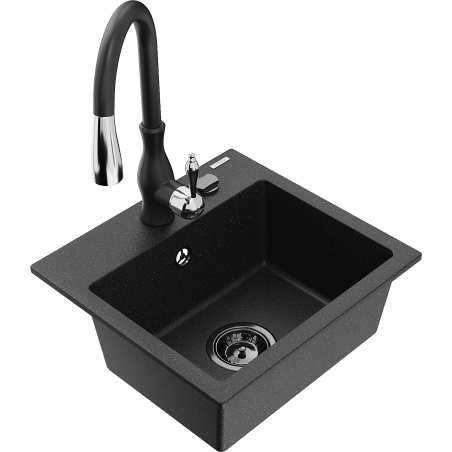 Mexen Milo Granitspüle 1-beckig mit Küchenarmatur Savita, schwarz/silber metallic- 6505-73-672601-70-B