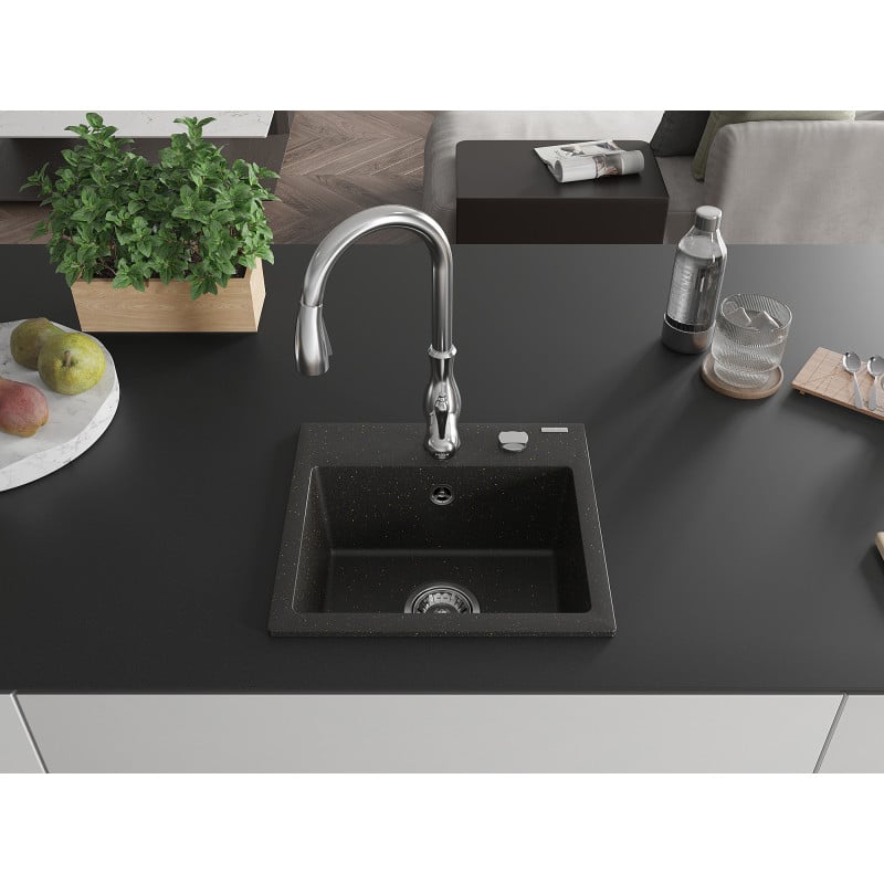 Mexen Milo Granitspüle 1-Becken mit Küchenarmatur Savita, schwarz/gold metallic- 6505-75-672601-00