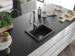 Mexen Milo Granitspüle 1-Becken mit Küchenarmatur Savita, schwarz/gold metallic- 6505-75-672601-00