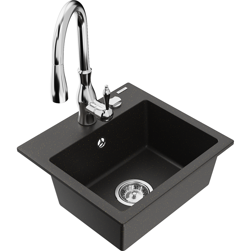 Mexen Milo Granitspüle 1-Becken mit Küchenarmatur Savita, schwarz/gold metallic- 6505-75-672601-00