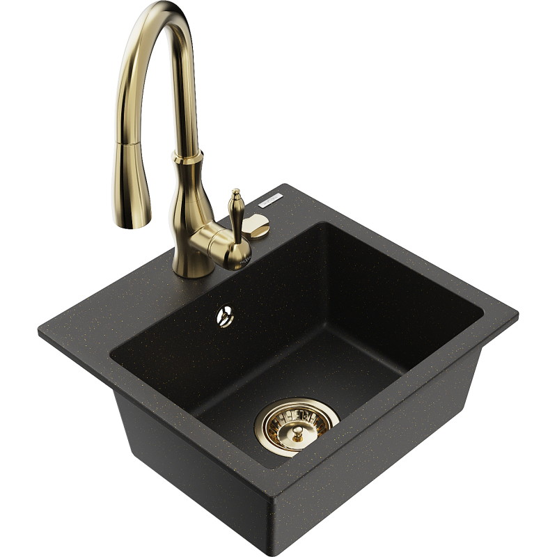 Mexen Milo 1-Becken Granitspüle mit Küchenarmatur Savita, schwarz/goldener Metallic - 6505-75-672601-50