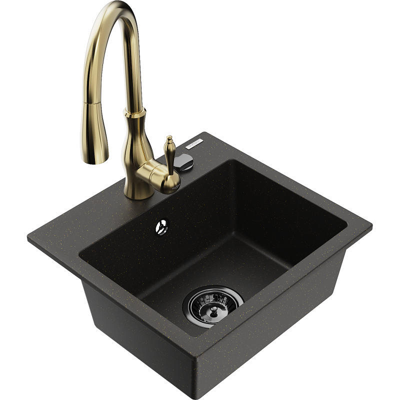 Mexen Milo Granitspüle 1-becken mit Küchenarmatur Savita, schwarz/gold metallic- 6505-75-672601-50-B