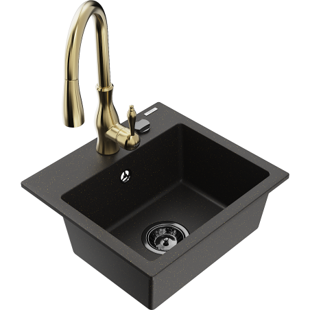 Mexen Milo Granitspüle 1-becken mit Küchenarmatur Savita, schwarz/gold metallic- 6505-75-672601-50-B