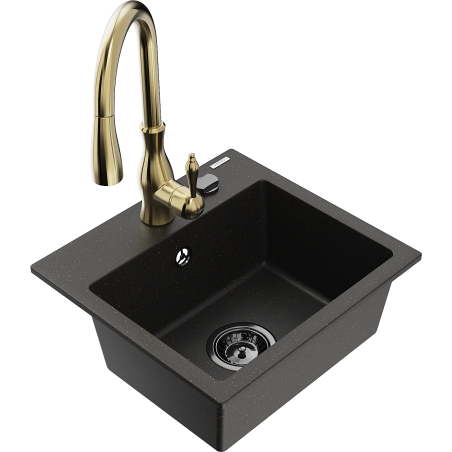 Mexen Milo Granitspüle 1-Kammer mit Küchenarmatur Savita, schwarz/gold metallic - 6505-75-672601-50-B
