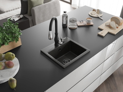 Mexen Milo Granitspüle, 1 Becken mit Küchenarmatur Savita, schwarz/gold metallic- 6505-75-672601-70-B