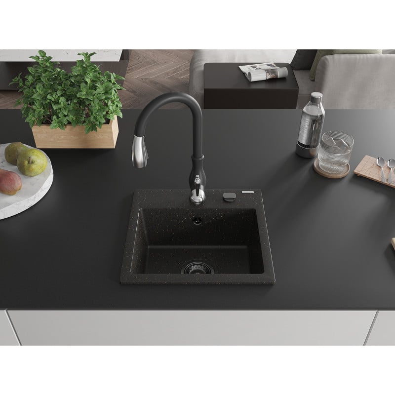 Mexen Milo Granitspüle, 1 Becken mit Küchenarmatur Savita, schwarz/gold metallic- 6505-75-672601-70-B