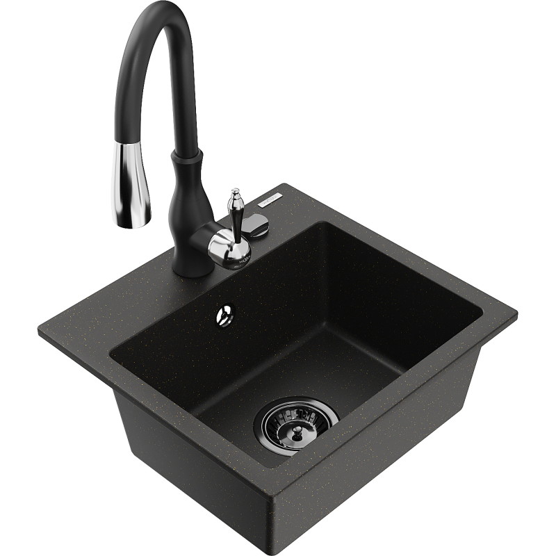 Mexen Milo Granitspüle 1-becken mit Küchenarmatur Savita, schwarz/goldener Metallic - 6505-75-672601-70-B