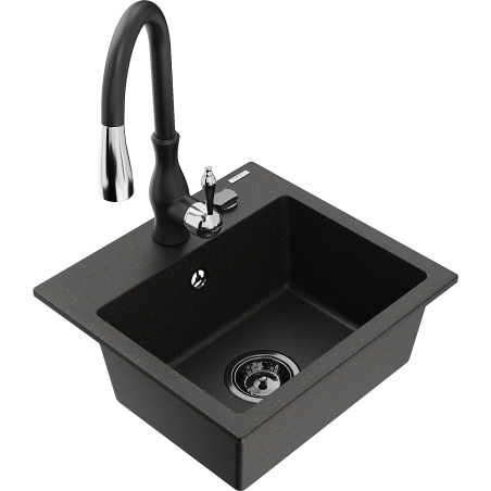 Mexen Milo Granitspüle 1-becken mit Küchenarmatur Savita, schwarz/goldener Metallic - 6505-75-672601-70-B