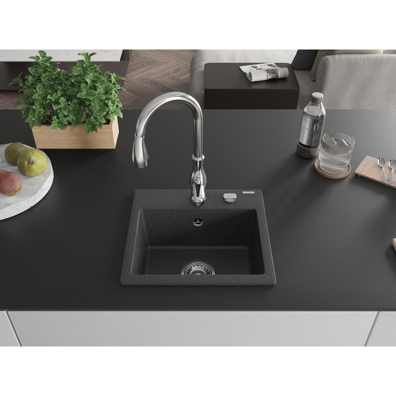 Mexen Milo Granitspüle 1-Becken mit Küchenarmatur Savita, schwarz/gold metallic - 6505-75-672601-70