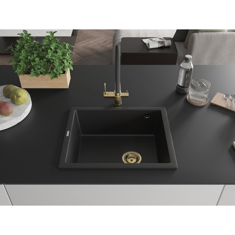 Mexen Pedro Granitspüle 1-Becken 560 x 460 mm, schwarz, Siphon gold - 6508561000-77-G