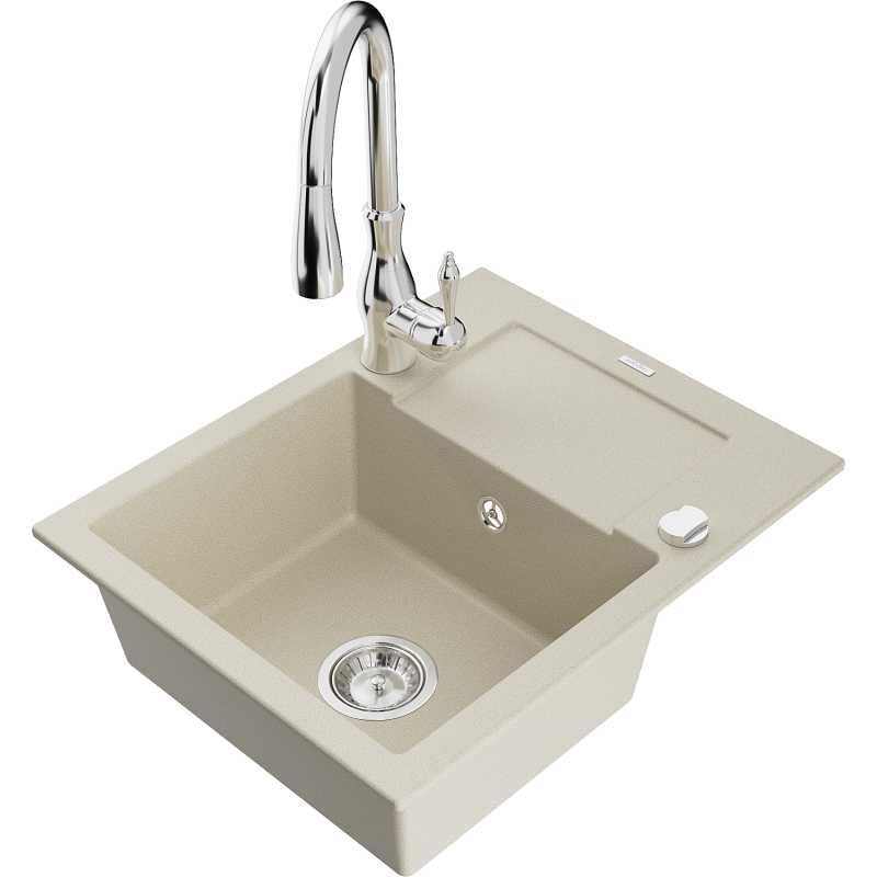 Mexen Enzo Granitspüle 1-Becken mit Abtropffläche und Küchenarmatur Savita, beige - 6506-69-672601-00