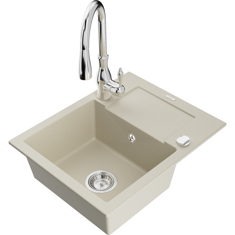 Mexen Enzo Granitspüle 1-beckig mit Abtropffläche und Küchenarmatur Savita, beige - 6506-69-672601-00