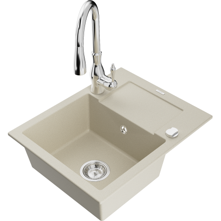 Mexen Enzo Granitspüle 1-Becken mit Abtropffläche und Küchenarmatur Savita, beige - 6506-69-672601-00