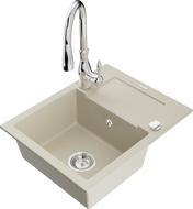Mexen Enzo Granitspüle 1-Becken mit Abtropffläche und Küchenarmatur Savita, beige - 6506-69-672601-00