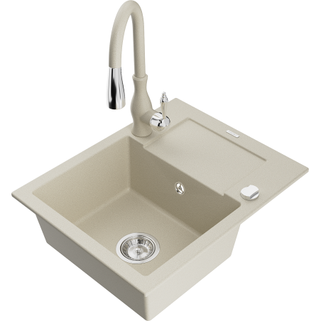 Mexen Enzo Granitspüle 1-beckig mit Abtropffläche und Küchenarmatur Savita, beige - 6506-69-672601-69