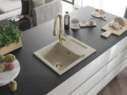 Mexen Enzo Granitspüle 1-Becken mit Abtropffläche und Küchenarmatur Savita, beige - 6506-69-672601-50