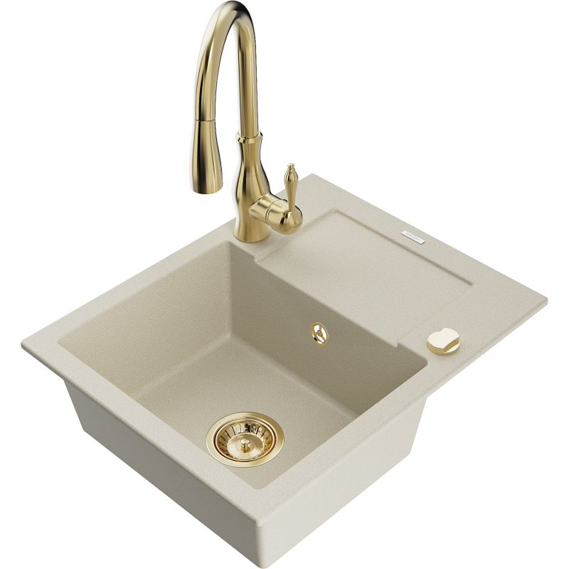 Mexen Enzo Granitspüle 1-Becken mit Abtropffläche und Küchenarmatur Savita, beige - 6506-69-672601-50