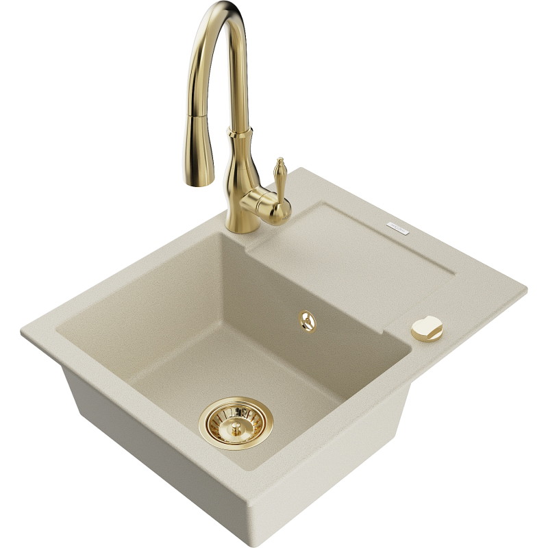 Mexen Enzo Granitspüle 1-Kammer mit Abtropffläche und Küchenarmatur Savita, beige - 6506-69-672601-50