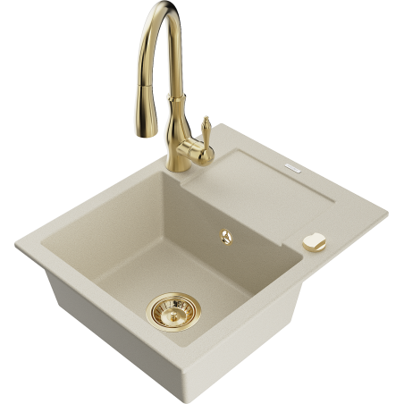 Mexen Enzo Granitspüle 1-Becken mit Abtropffläche und Küchenarmatur Savita, beige - 6506-69-672601-50