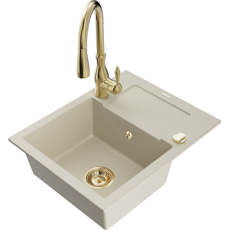 Mexen Enzo Granitspüle 1-Kammer mit Abtropffläche und Küchenarmatur Savita, beige - 6506-69-672601-50