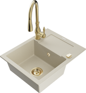 Mexen Enzo Granitspüle 1-Becken mit Abtropffläche und Küchenarmatur Savita, beige - 6506-69-672601-50