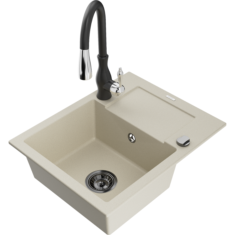 Mexen Enzo Granitspüle 1-Becken mit Abtropffläche und Küchenarmatur Savita, beige - 6506-69-672601-70